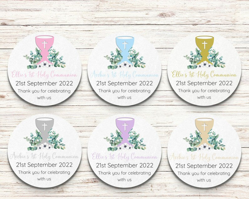 1st Holy Communion Round Stickers With chalice and Eucalyptus, Personalised, Different Sizes Available