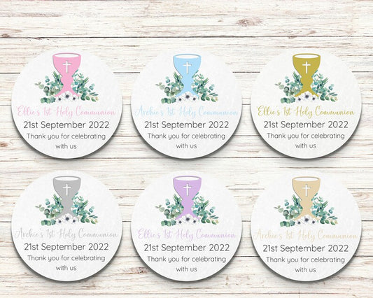 1st Holy Communion Round Stickers With chalice and Eucalyptus, Personalised, Different Sizes Available