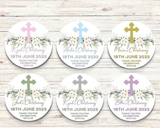 Christening Cross and Flowers Personalised Stickers