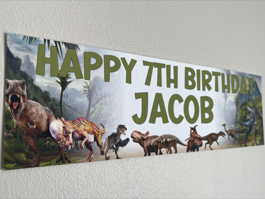Dinosaurs Birthday Banner jurassic theme, personalised with name and age