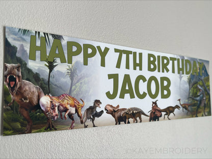 Birthday Banner with Dinosaurs set in Jurassic Background theme T rex, Triceratops, Stegosaurus, brontosaurus. Personalised with name and age in Green Text