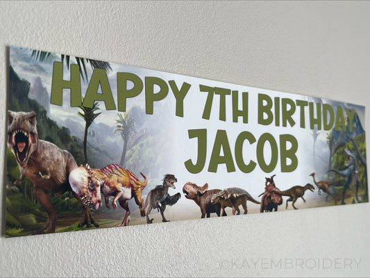 Birthday Banner with Dinosaurs set in Jurassic Background theme T rex, Triceratops, Stegosaurus, brontosaurus. Personalised with name and age in Green Text