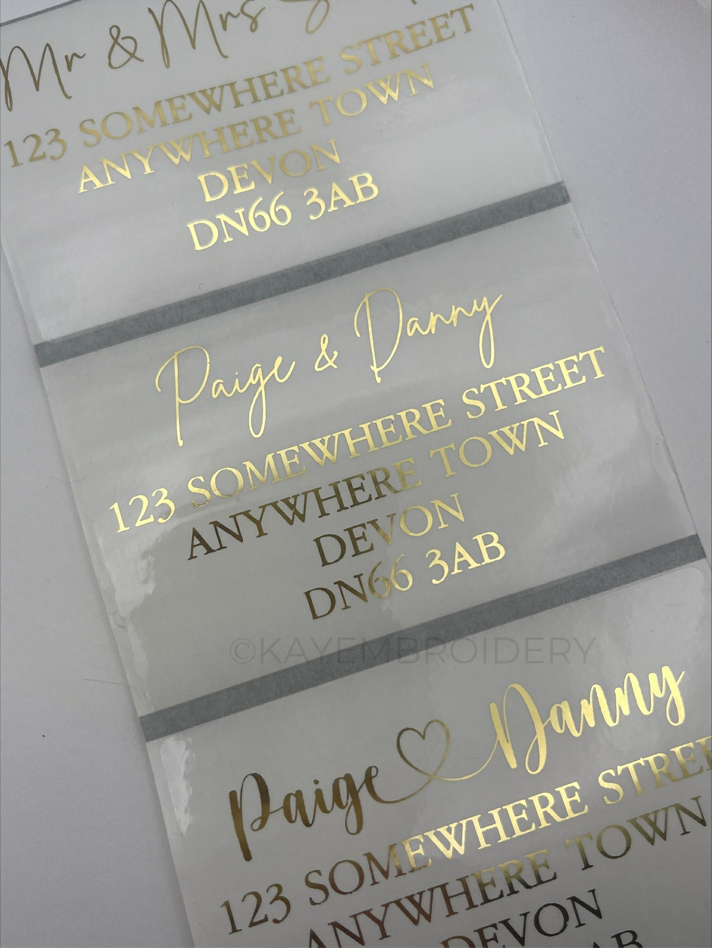 Clear Mailing Address labels 90mm x 60mm with metallic gold print