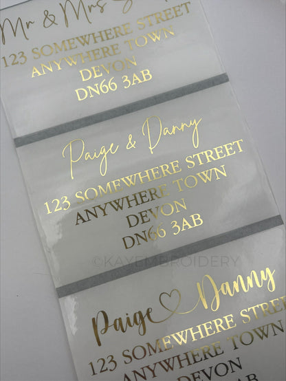 Clear Mailing Address labels 90mm x 60mm with metallic gold print