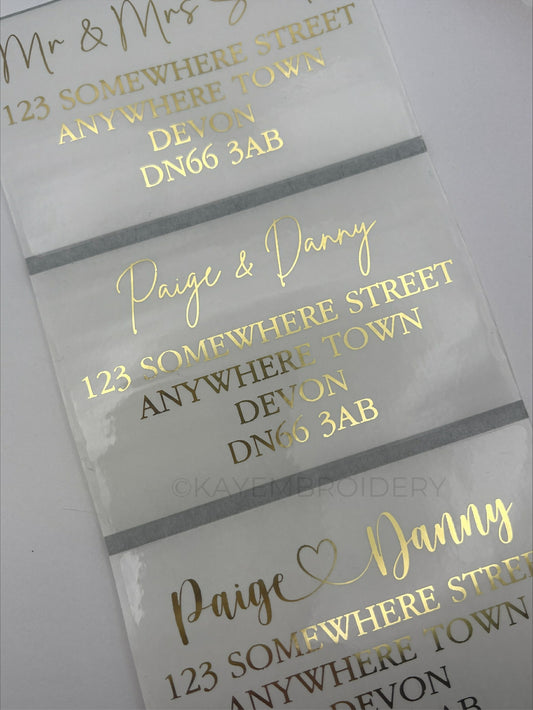 Clear Mailing Address labels 90mm x 60mm with metallic gold print