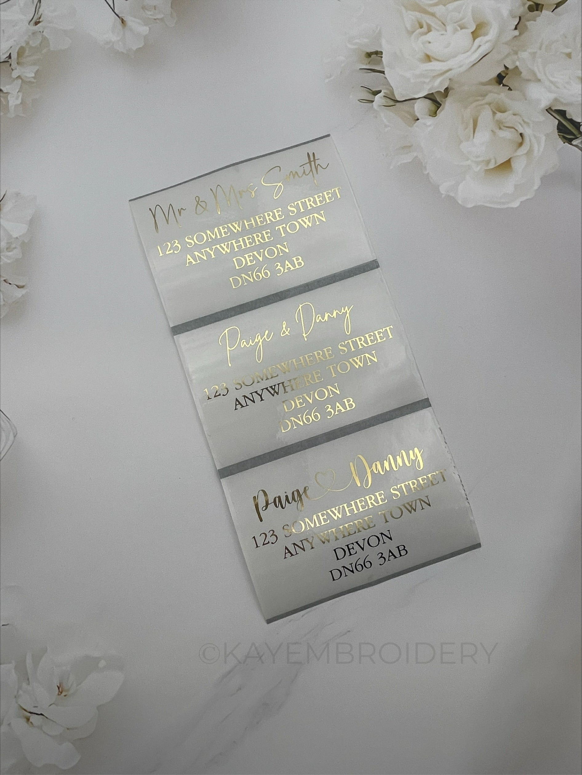 Clear Mailing Address labels 90mm x 60mm with metallic gold print