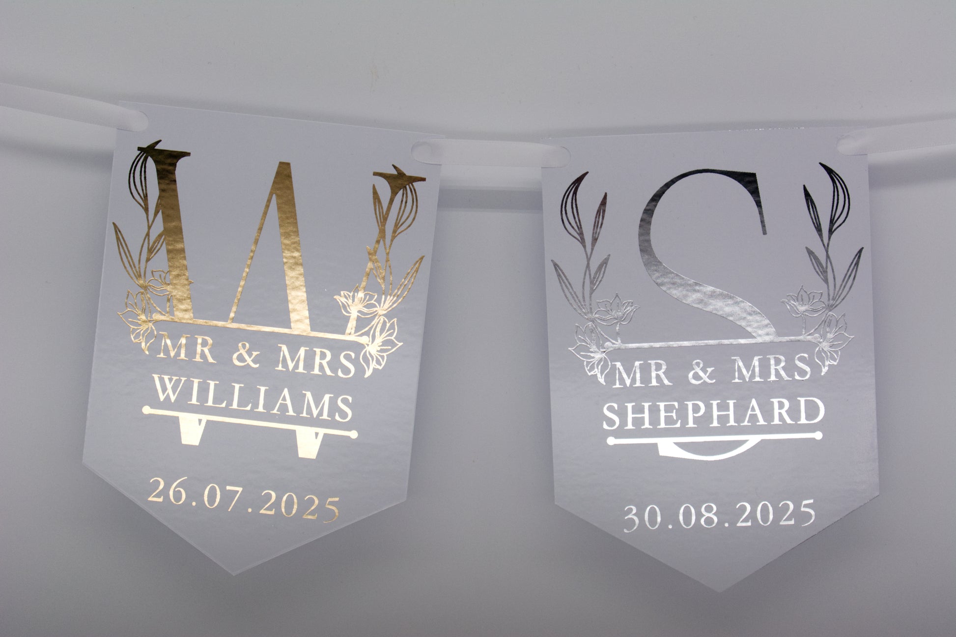 Floral Monogrammed Wedding Bunting Foiled in Gold Or Silver. Made with 300gsm single sided gloss card