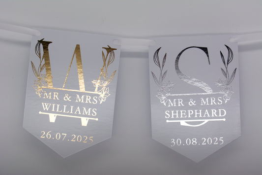 Floral Monogrammed Wedding Bunting Foiled in Gold Or Silver. Made with 300gsm single sided gloss card