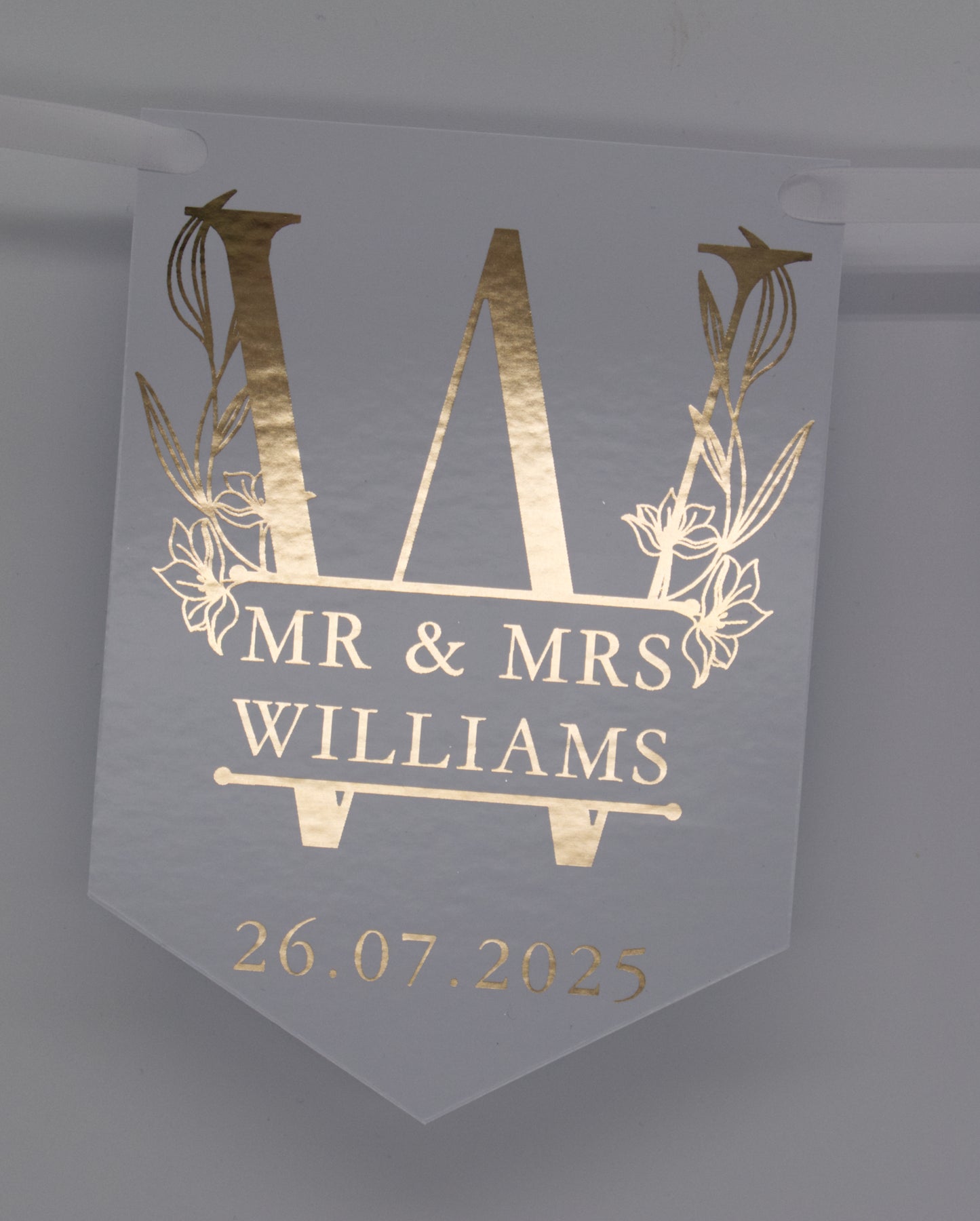Floral Monogrammed Wedding Bunting Foiled in Gold. Made with 300gsm single sided gloss card