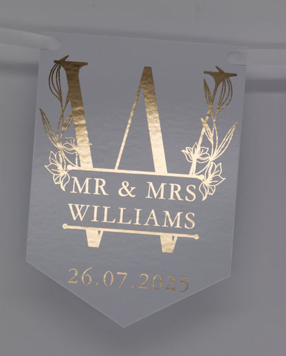Floral Monogrammed Wedding Bunting Foiled in Gold. Made with 300gsm single sided gloss card