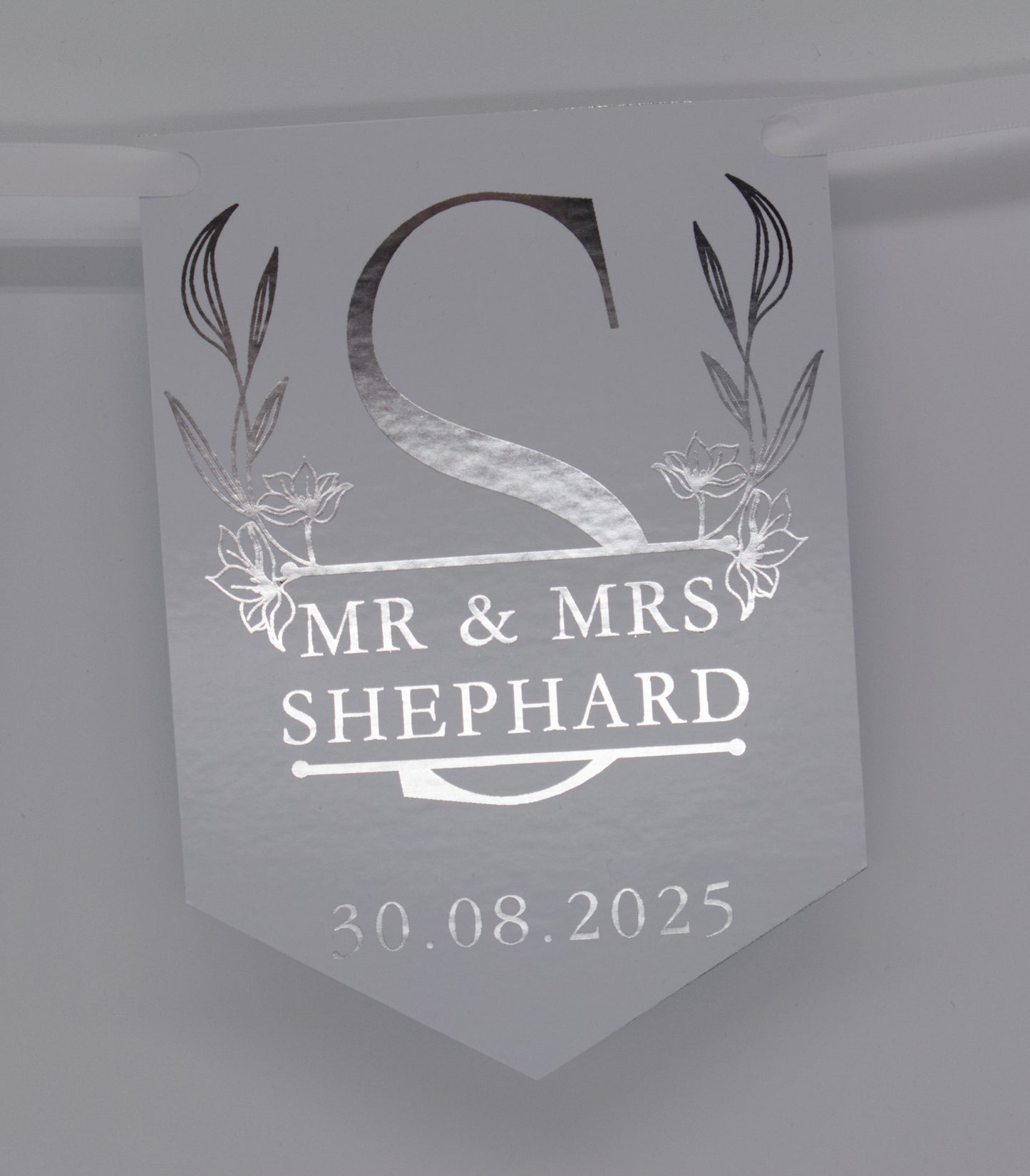 Floral Monogrammed Wedding Bunting Foiled in Silver. Made with 300gsm single sided gloss card