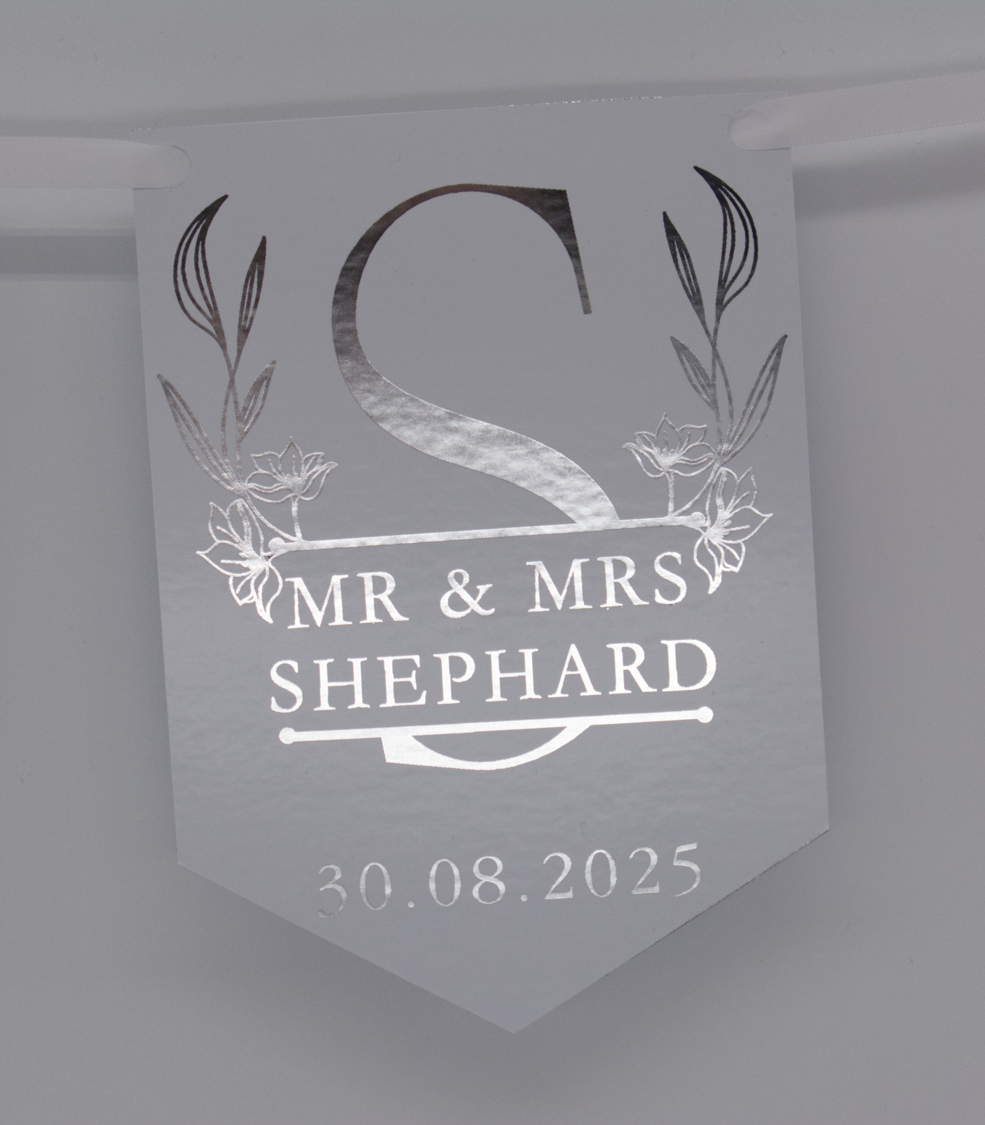 Floral Monogrammed Wedding Bunting Foiled in Silver. Made with 300gsm single sided gloss card