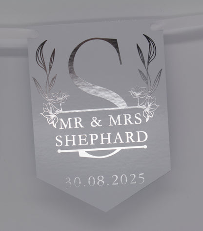 Floral Monogrammed Wedding Bunting Foiled in Silver. Made with 300gsm single sided gloss card