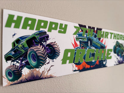 Monster trucks Birthday banner personalised with name and age