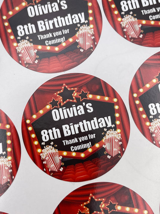 Movie Night Cinema Birthday Stickers Round