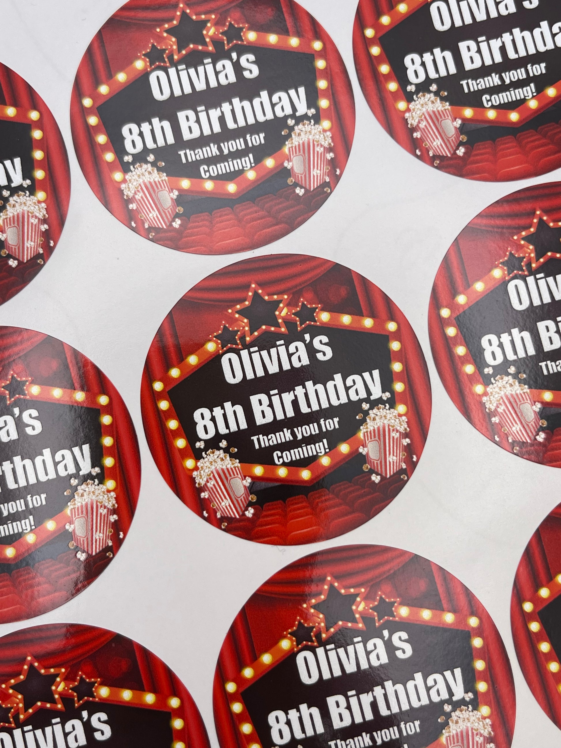 Movie Night Cinema Birthday Stickers Round