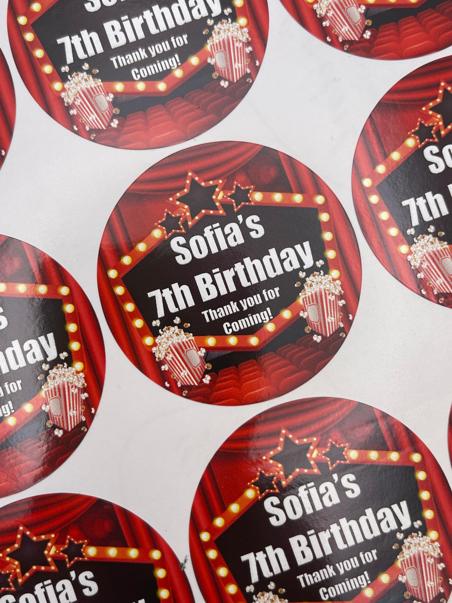 Movie Night Cinema Birthday Stickers Round