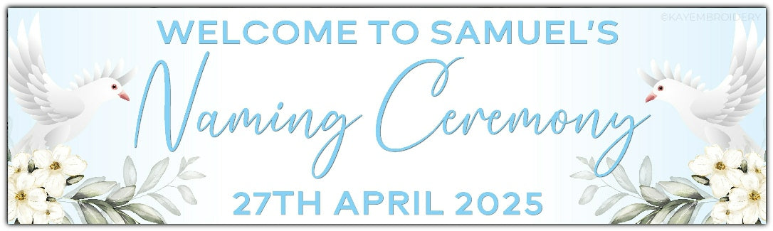 Personalised Dove and Flowers Ceremony Banner for Naming, Christening, Baptism, Holy Communion, Confirmation or Dedication in Blue. Features Name and date