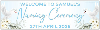 Personalised Dove and Flowers Ceremony Banner for Naming, Christening, Baptism, Holy Communion, Confirmation or Dedication in Blue. Features Name and date