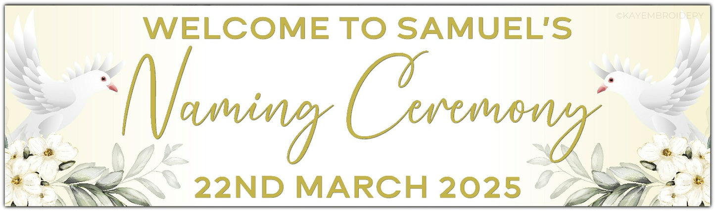 Personalised Dove and Flowers Ceremony Banner for Naming, Christening, Baptism, Holy Communion, Confirmation or Dedication in gold. Features Name and date