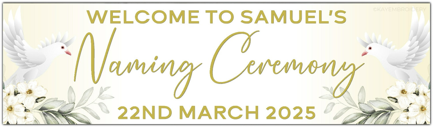 Personalised Dove and Flowers Ceremony Banner for Naming, Christening, Baptism, Holy Communion, Confirmation or Dedication in gold. Features Name and date