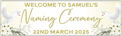 Personalised Dove and Flowers Ceremony Banner for Naming, Christening, Baptism, Holy Communion, Confirmation or Dedication in gold. Features Name and date