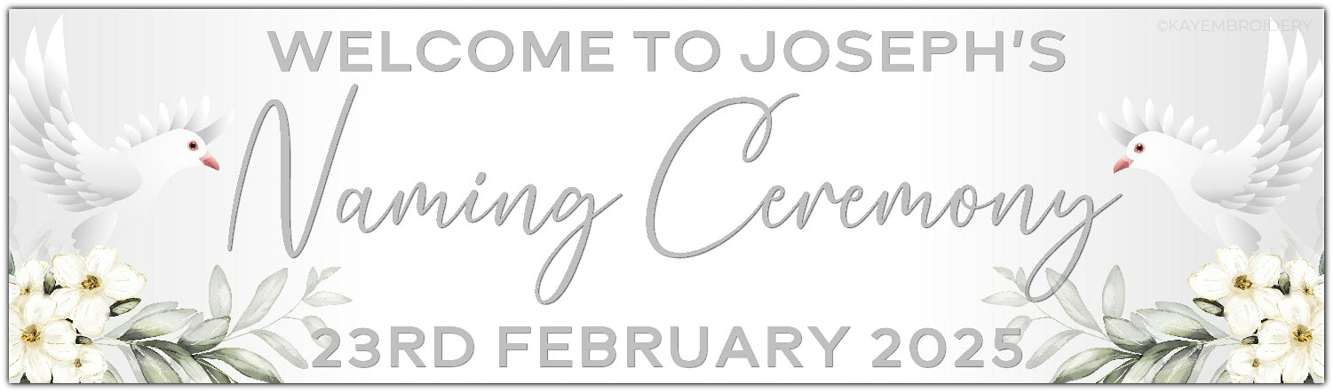 Personalised Dove and Flowers Ceremony Banner for Naming, Christening, Baptism, Holy Communion, Confirmation or Dedication in silver. Features Name and date