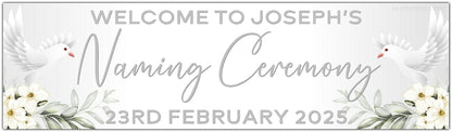 Personalised Dove and Flowers Ceremony Banner for Naming, Christening, Baptism, Holy Communion, Confirmation or Dedication in silver. Features Name and date