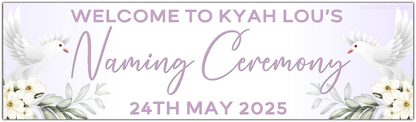 Personalised Dove and Flowers Ceremony Banner for Naming, Christening, Baptism, Holy Communion, Confirmation or Dedication in lilac. Features Name and date