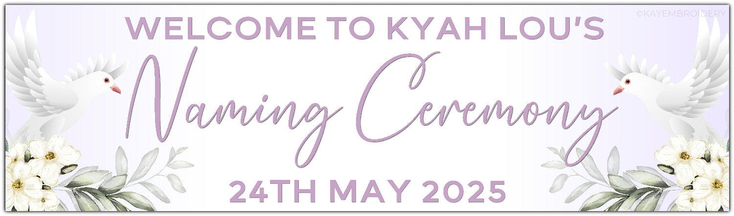 Personalised Dove and Flowers Ceremony Banner for Naming, Christening, Baptism, Holy Communion, Confirmation or Dedication in lilac. Features Name and date