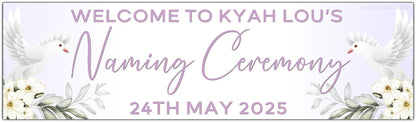 Personalised Dove and Flowers Ceremony Banner for Naming, Christening, Baptism, Holy Communion, Confirmation or Dedication in lilac. Features Name and date