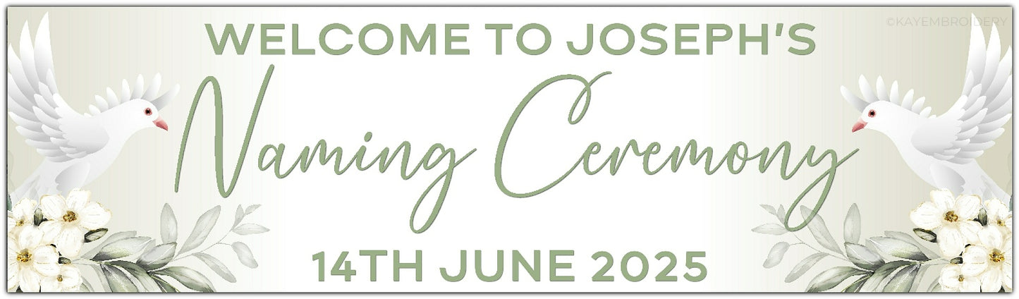Personalised Dove and Flowers Ceremony Banner for Naming, Christening, Baptism, Holy Communion, Confirmation or Dedication in sage green. Features Name and date