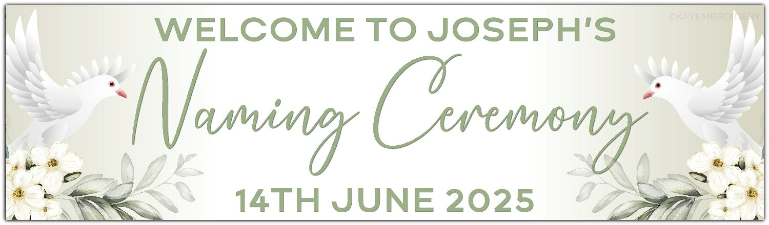 Personalised Dove and Flowers Ceremony Banner for Naming, Christening, Baptism, Holy Communion, Confirmation or Dedication in sage green. Features Name and date