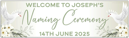 Personalised Dove and Flowers Ceremony Banner for Naming, Christening, Baptism, Holy Communion, Confirmation or Dedication in sage green. Features Name and date