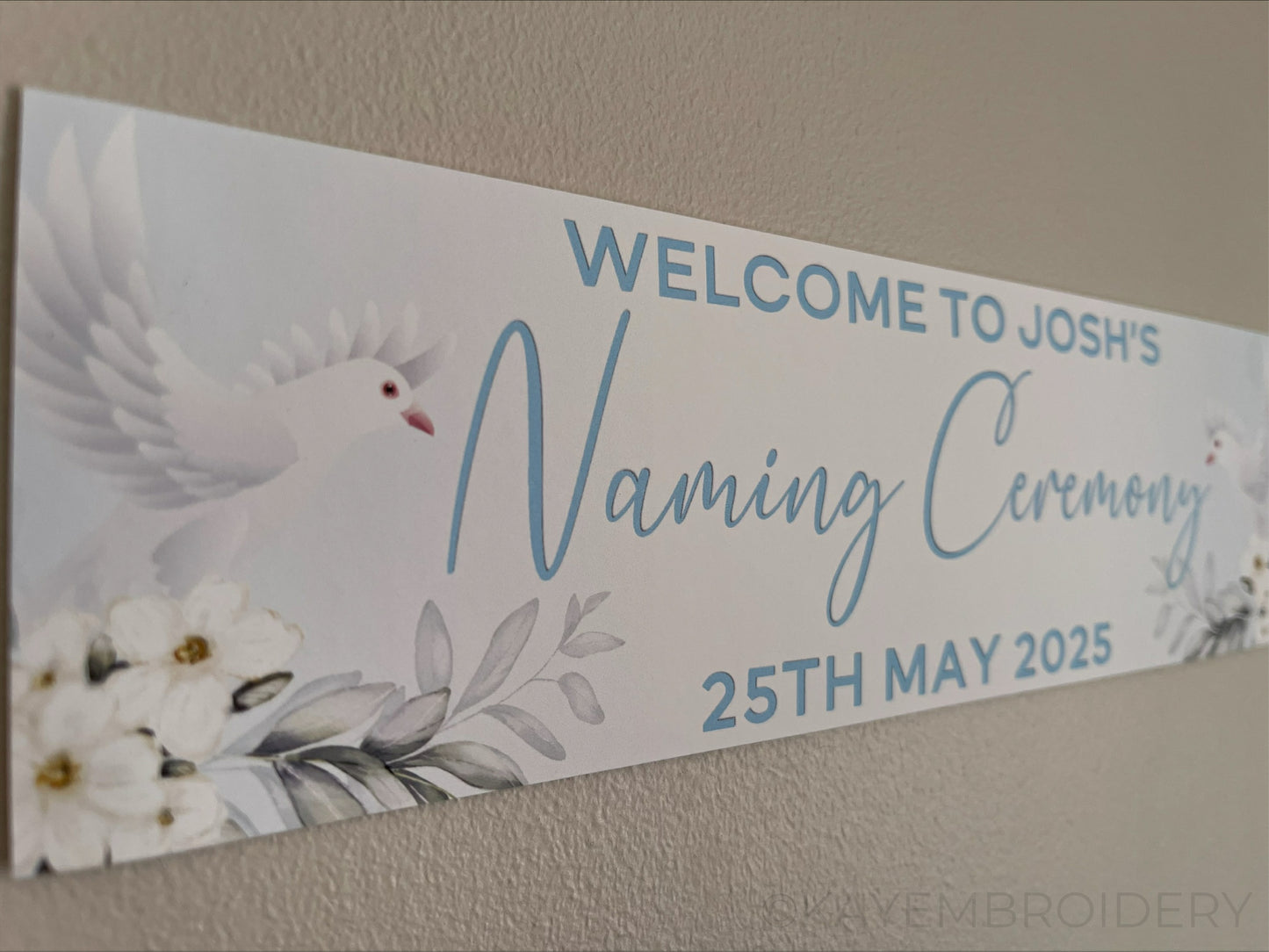 Personalised Dove and Flowers Ceremony Banner for Naming, Christening, Baptism, Holy Communion, Confirmation or Dedication in Blue. Features Name and date