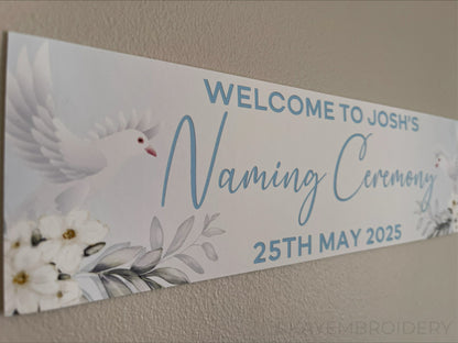 Personalised Dove and Flowers Ceremony Banner for Naming, Christening, Baptism, Holy Communion, Confirmation or Dedication in Blue. Features Name and date