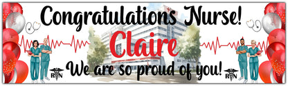 Congratulations Nurse Qualification celebration banner personalised with name in red