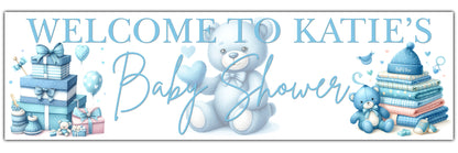 Baby Shower Banner with blue teddy bear personalised with name