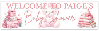 Baby Shower Banner with pink teddy bear personalised with name