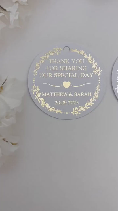 Wedding Wreath Foiled Tag Round 50mm Personalised With Name and Date