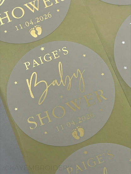 Baby Shower White Stickers foiled in Gold stars and baby feet. personalised with name and date