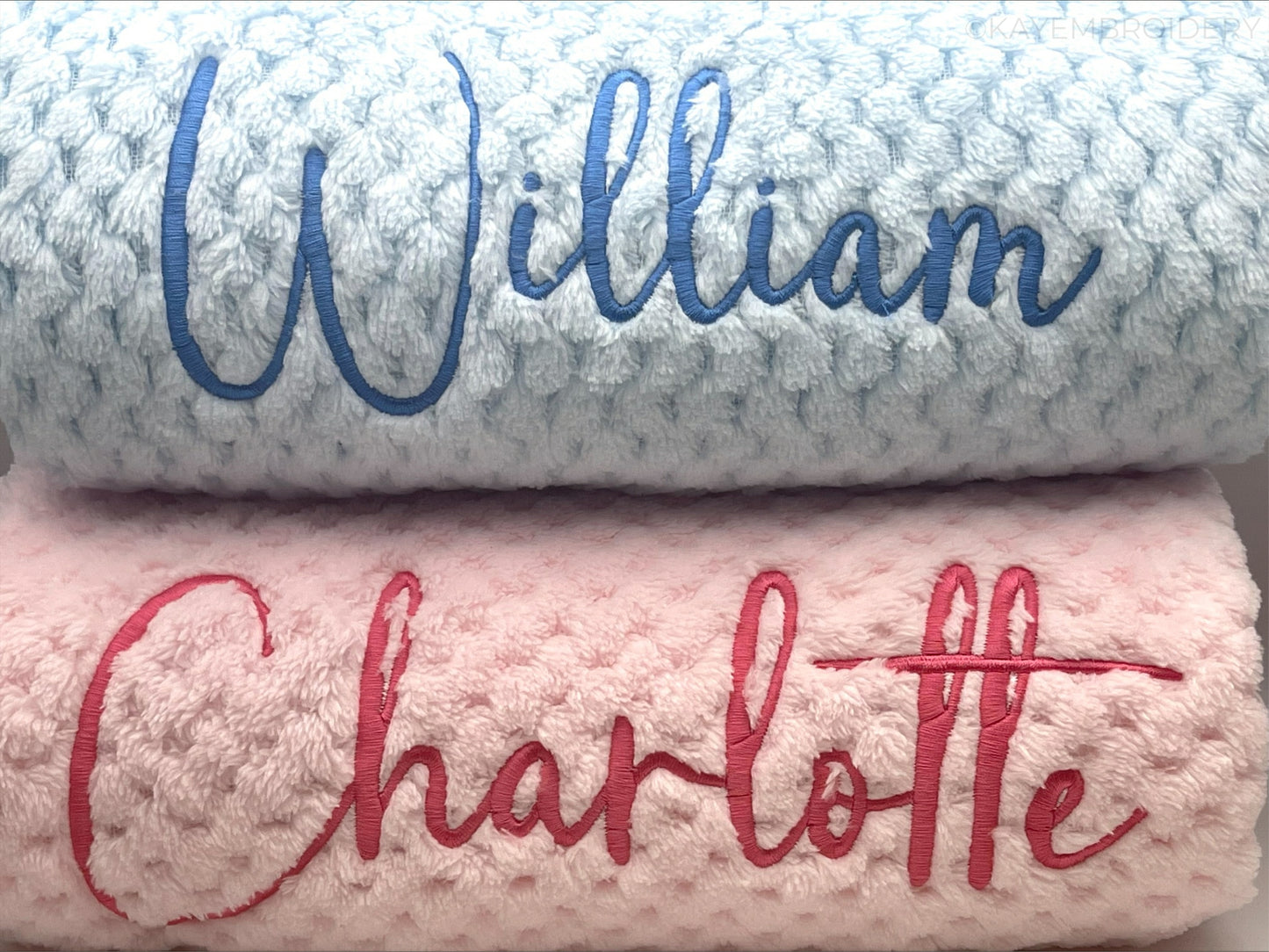 Embroidered Baby Waffle Blanket with name in Pink or Blue, embroidery is done in a darker shade