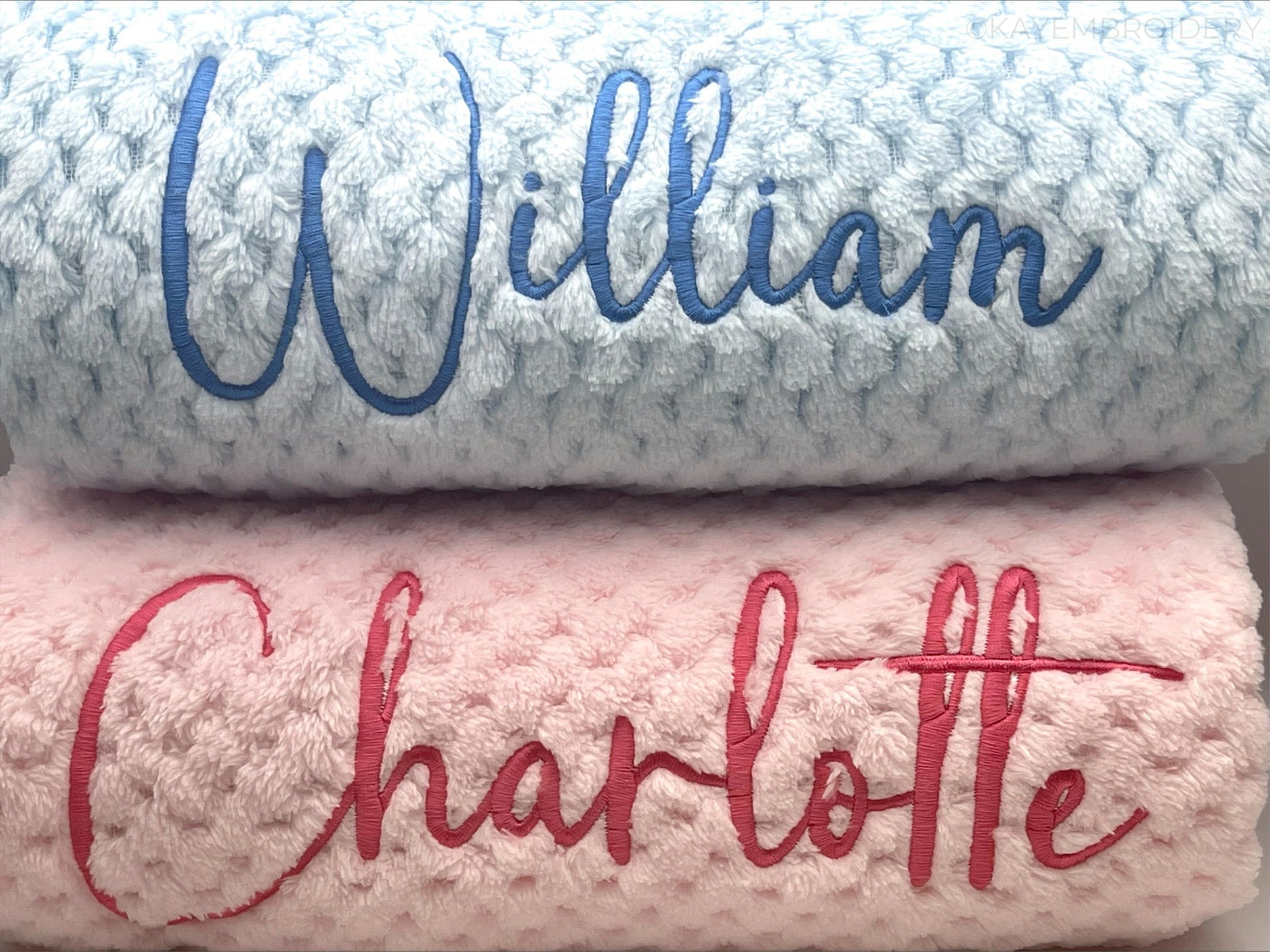 Embroidered Baby Waffle Blanket with name in Pink or Blue, embroidery is done in a darker shade