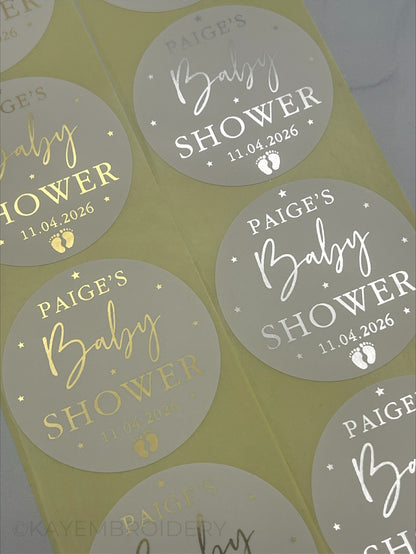 Baby Shower White Stickers foiled in Gold or Silver stars and baby feet. personalised with name and date