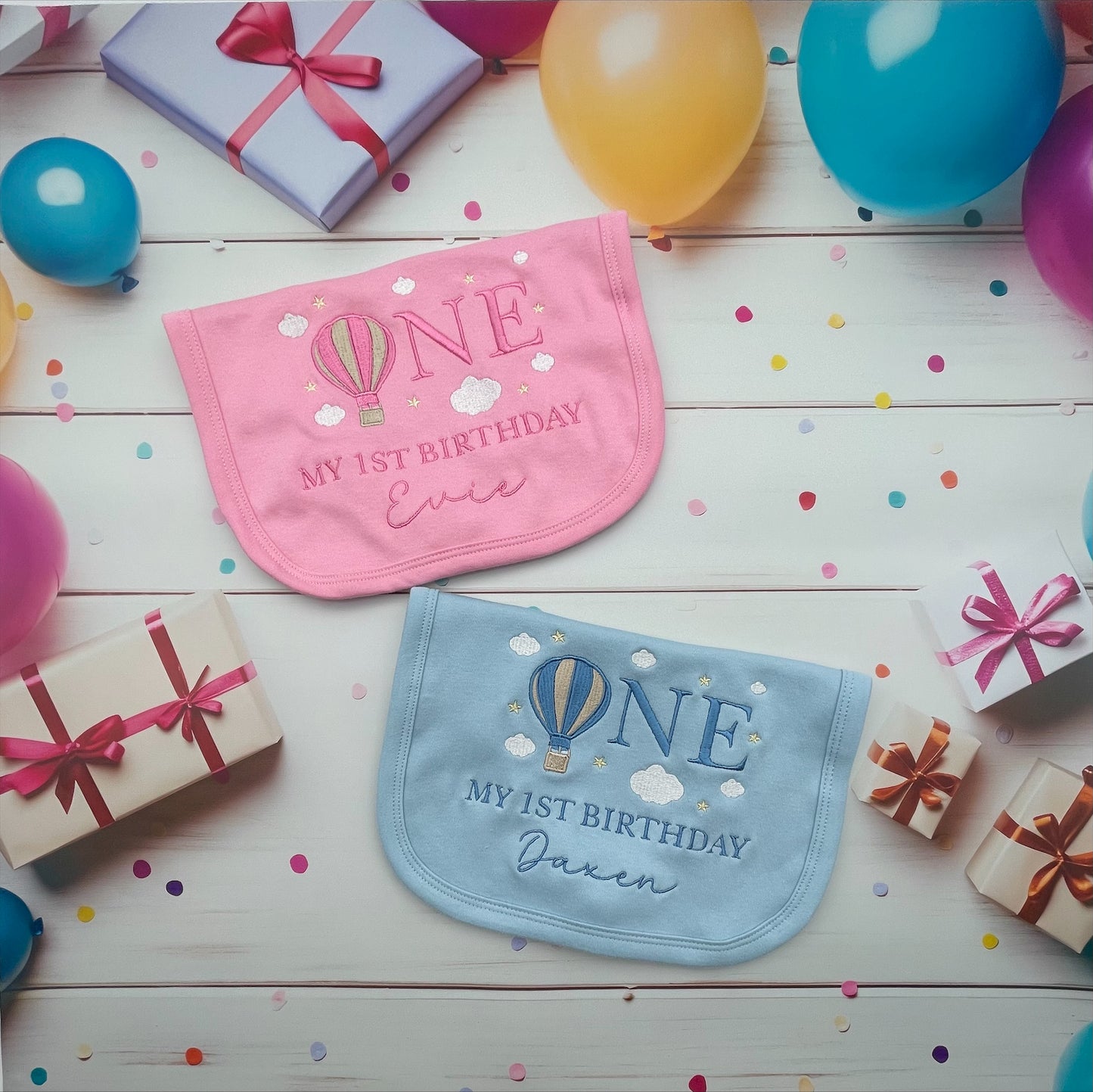 1st Birthday Baby Bib Embroidered in the sky design, Personalised add your child's name