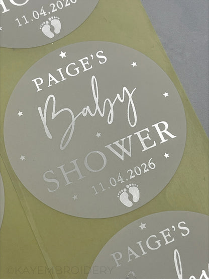 Baby Shower White Stickers foiled in Silver stars and baby feet. personalised with name and date