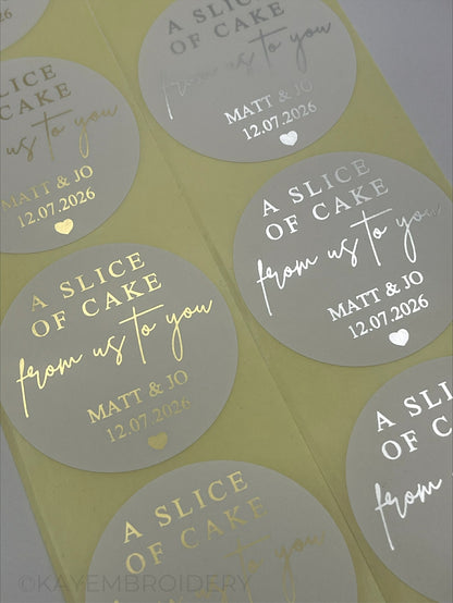 Wedding Cake thank you foiled Stickers personalised with name and date