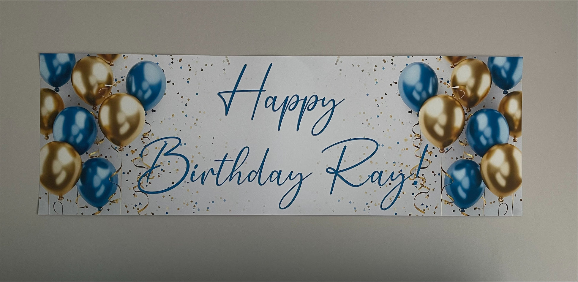 Birthday banner with gold and blue balloons personalised with name and age