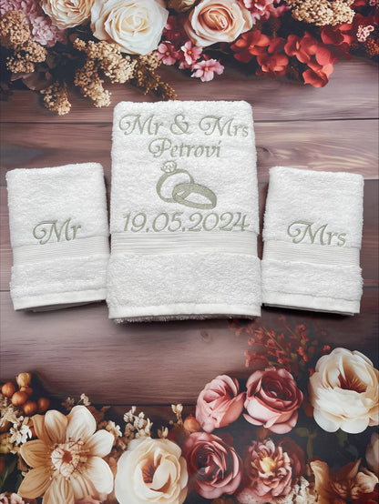 Personalised Wedding Hand Towel And Flannels Silver Embroidery