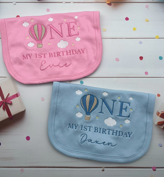 1st Birthday Baby Bib Embroidered in the sky design, Personalised add your child's name